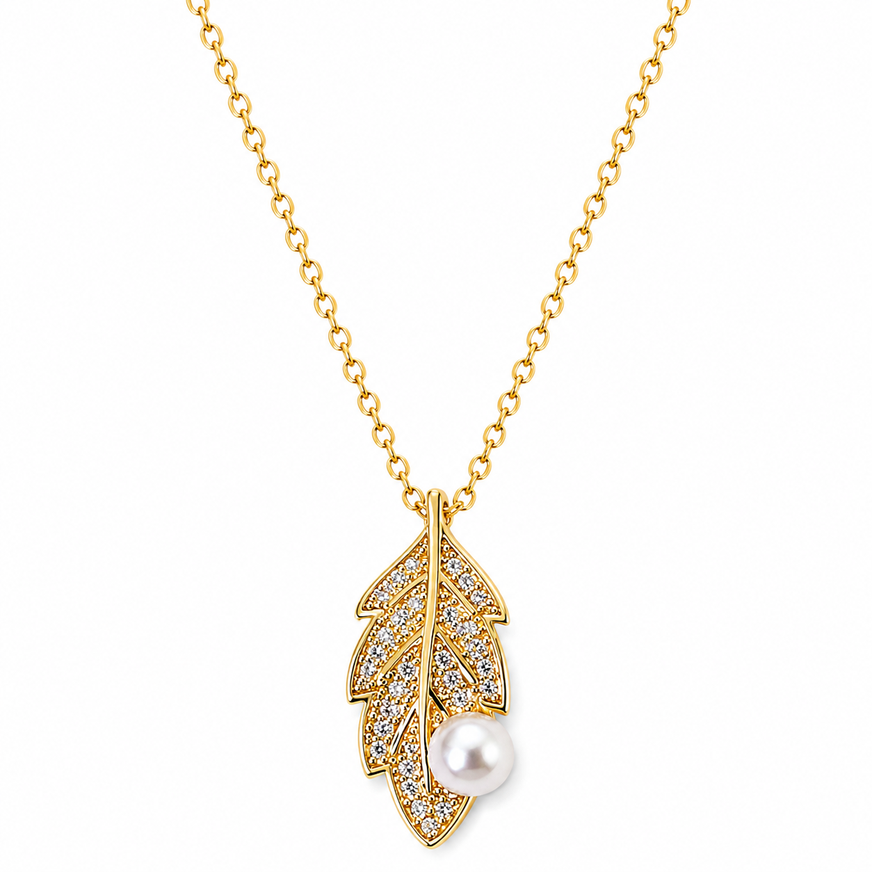 Leaf Design Pearl Studded American Diamond Gold Plated Stainless Steel Necklace