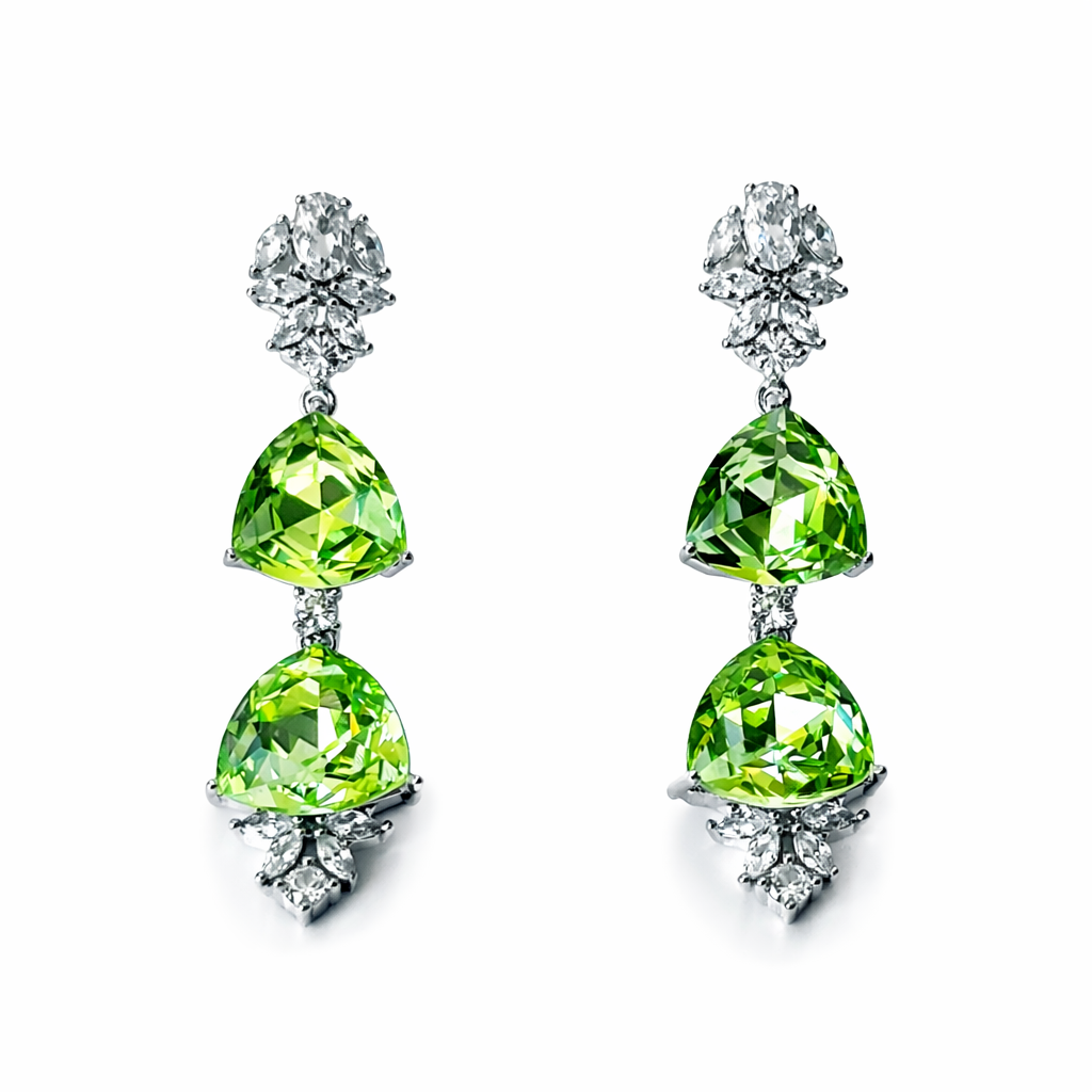 Green Peridot Swarovski Crystal American Diamond Silver Plated Earrings
