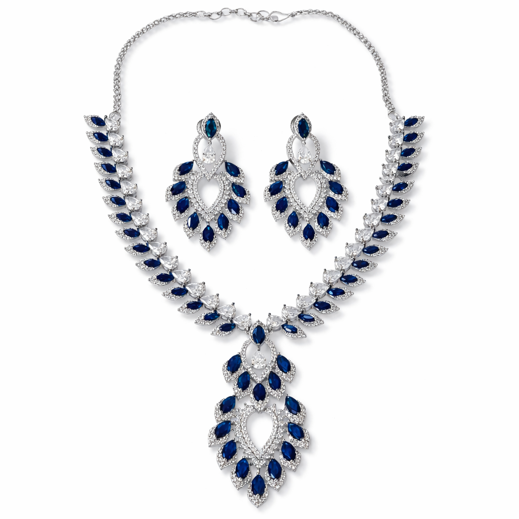 Blue Sapphire Cubic Zirconia American Diamond Silver Plated Necklace Set