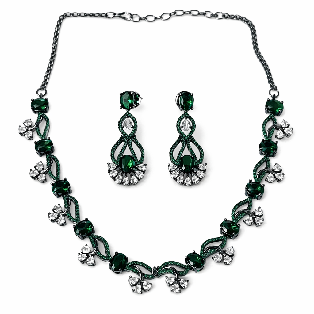 Green Emerald Cubic Zirconia American Diamond Victorian Plated Necklace Set