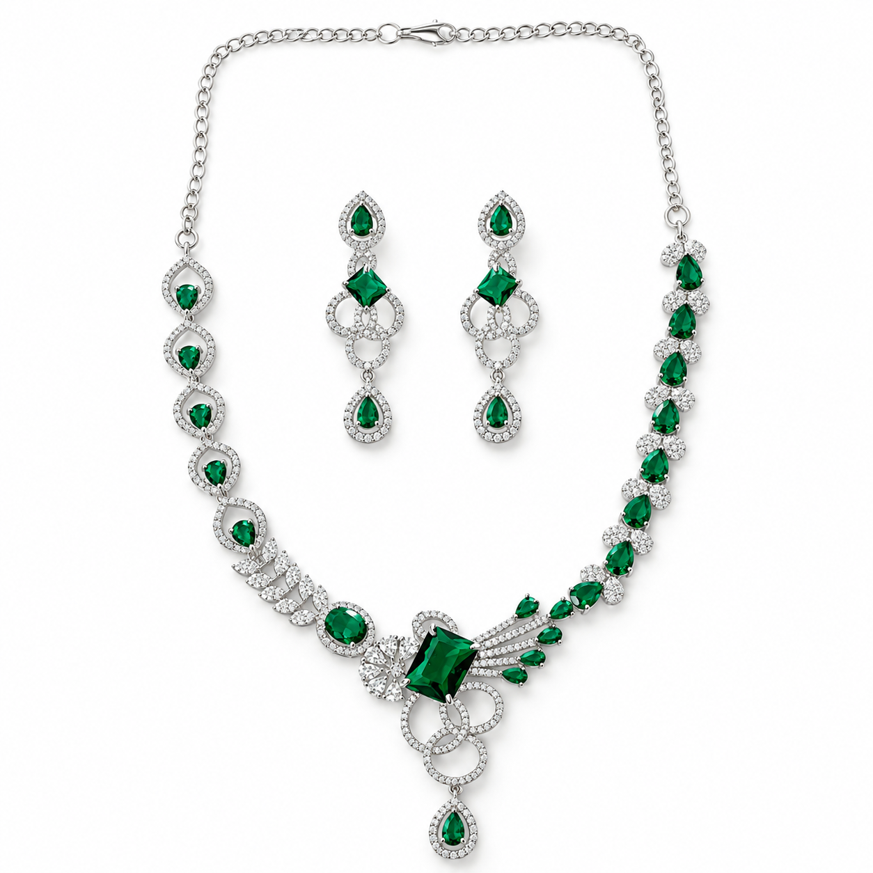 Green Emerald Cubic Zirconia American Diamond Silver Plated Necklace Set