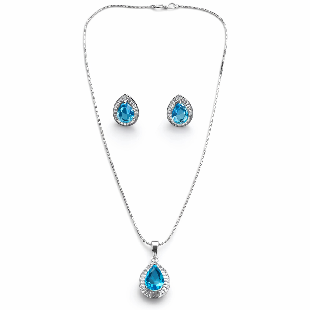 Aqua Blue Sapphire Cubic Zirconia American Diamond Silver Plated Pendant Set