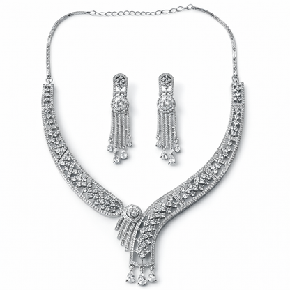 Solitaire Cubic Zirconia American Diamond Silver Plated Necklace Set