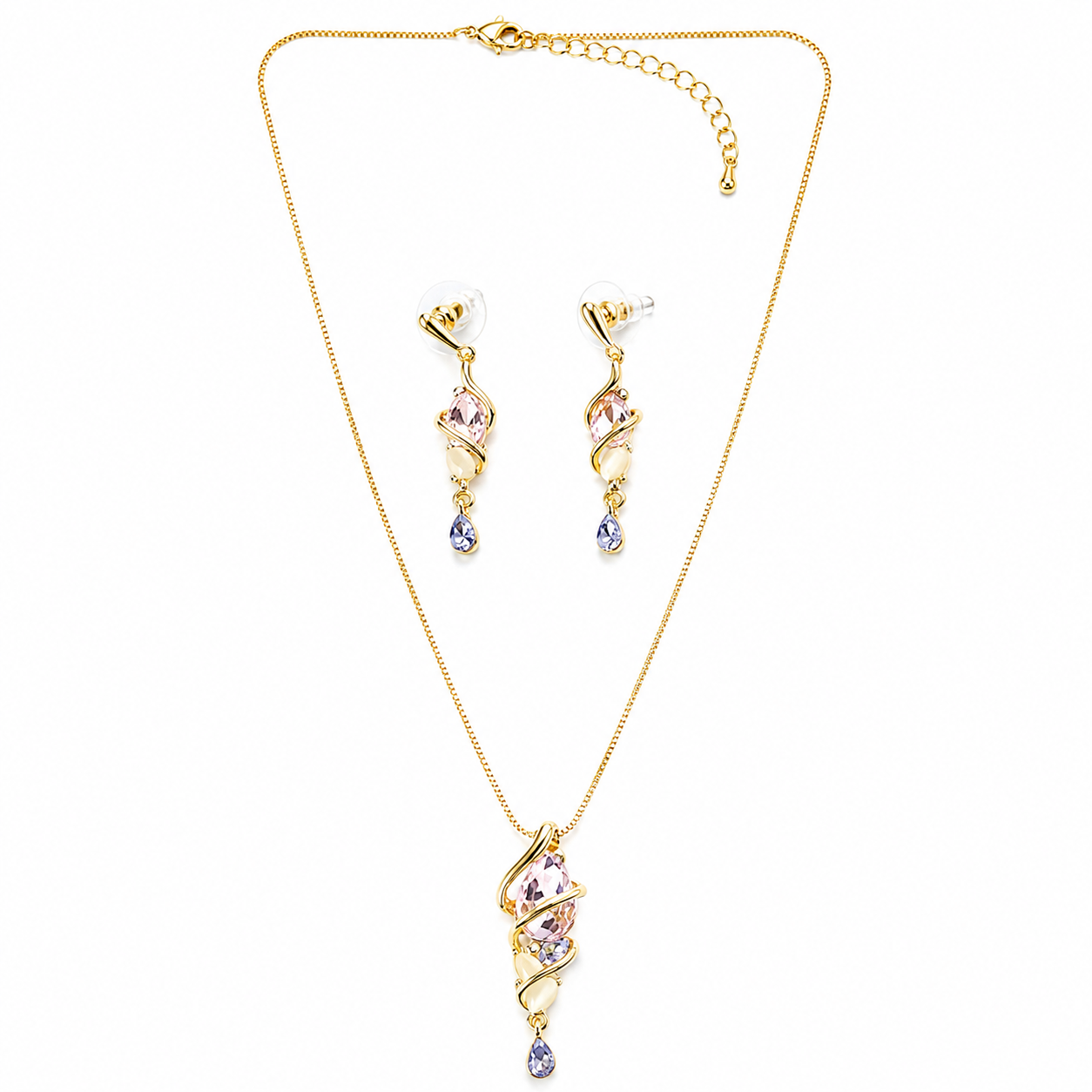 Light Purple Amethyst & Pink Topaz Cubic Zirconia American Diamond Gold Plated Pendant Set