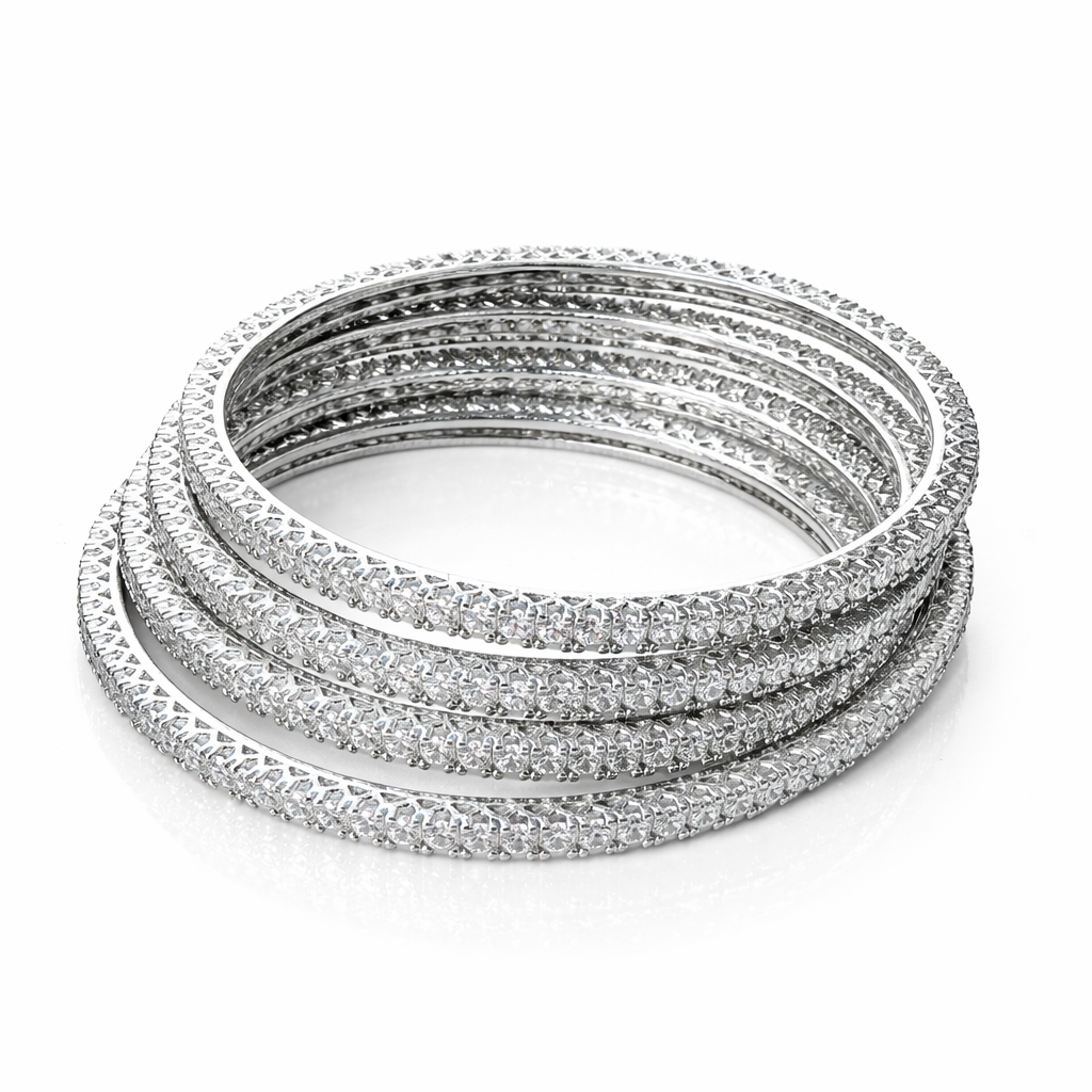 Solitaire Cubic Zirconia American Diamond Silver Plated Bangles, Set of 4