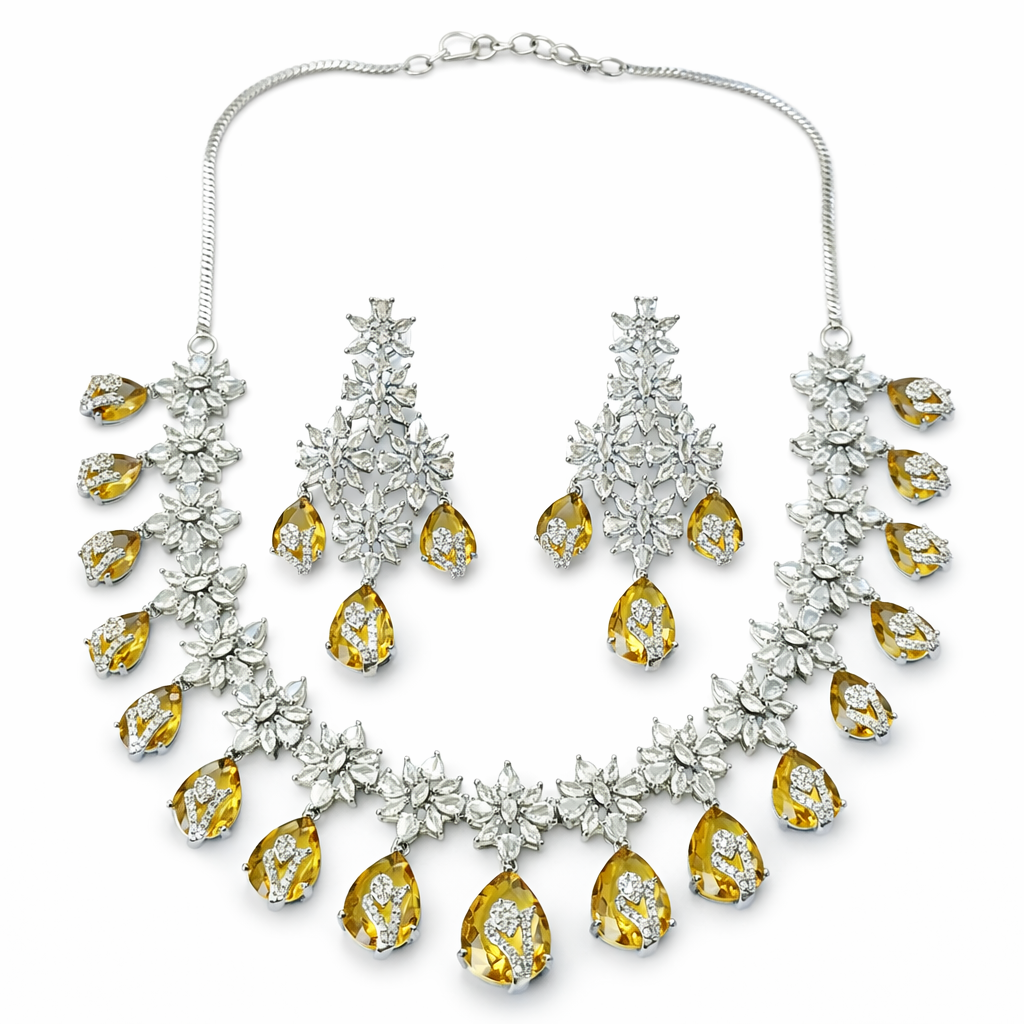 Yellow Topaz Cubic Zirconia American Diamond Silver Plated Necklace Set