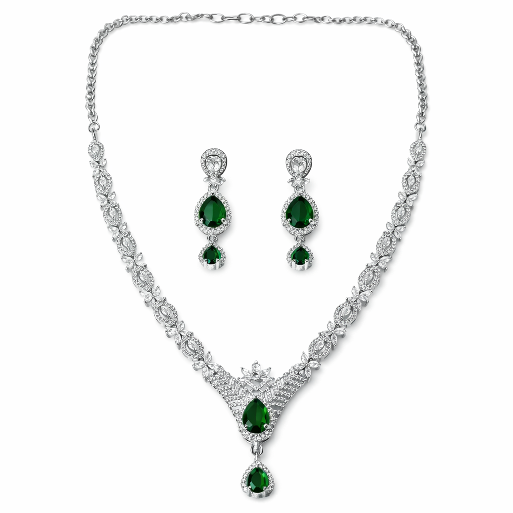 Green Emerald Cubic Zirconia American Diamond Silver Plated Necklace Set