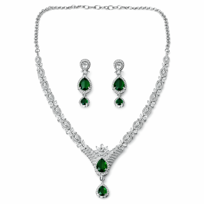 Green Emerald Cubic Zirconia American Diamond Silver Plated Necklace Set