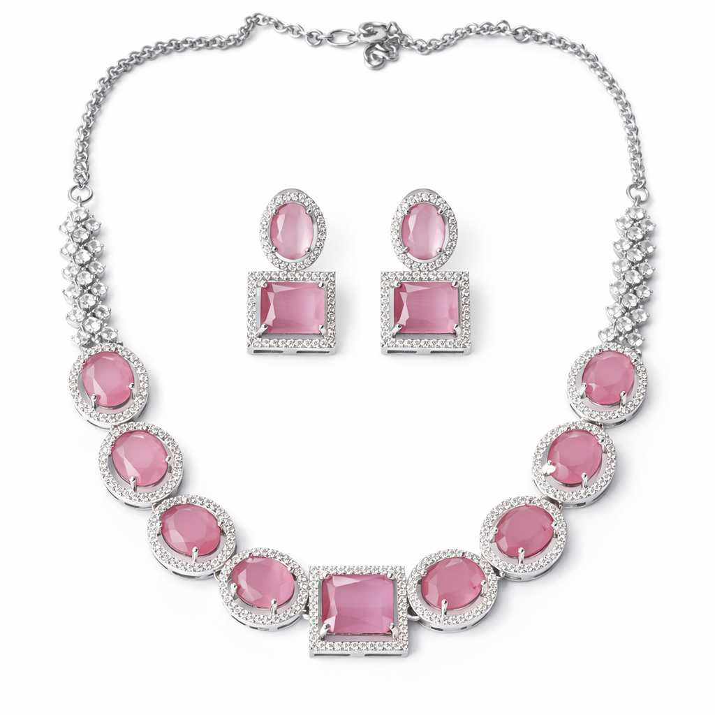 Pink Topaz Cubic Zirconia American Diamond Silver Plated Necklace Set