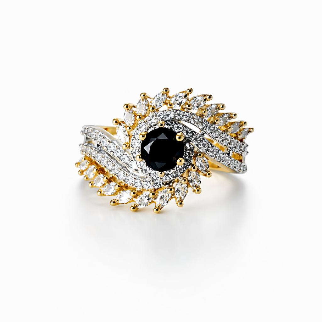 Black Cubic Zirconia American Diamond Gold/Silver Plated Adjustable Ring
