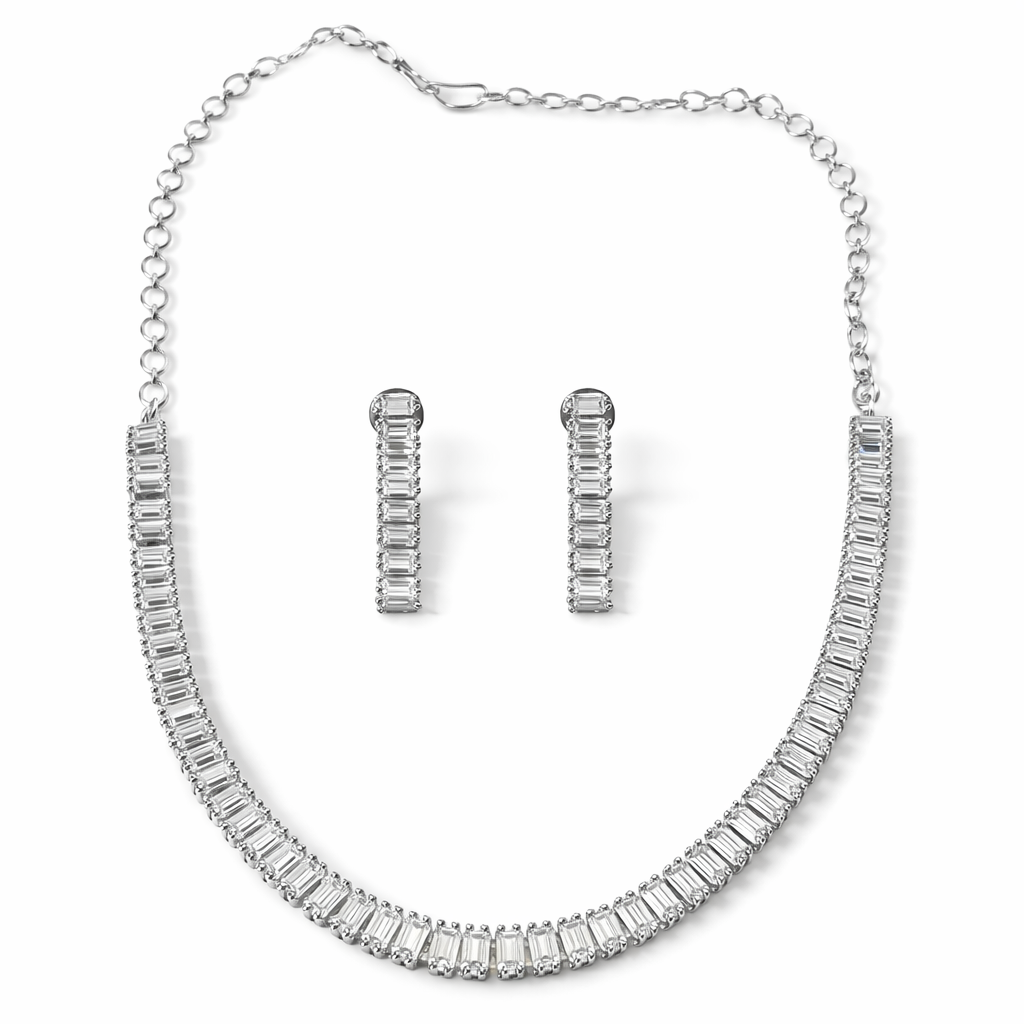Solitaire Cubic Zirconia American Diamond Silver Plated Necklace Set