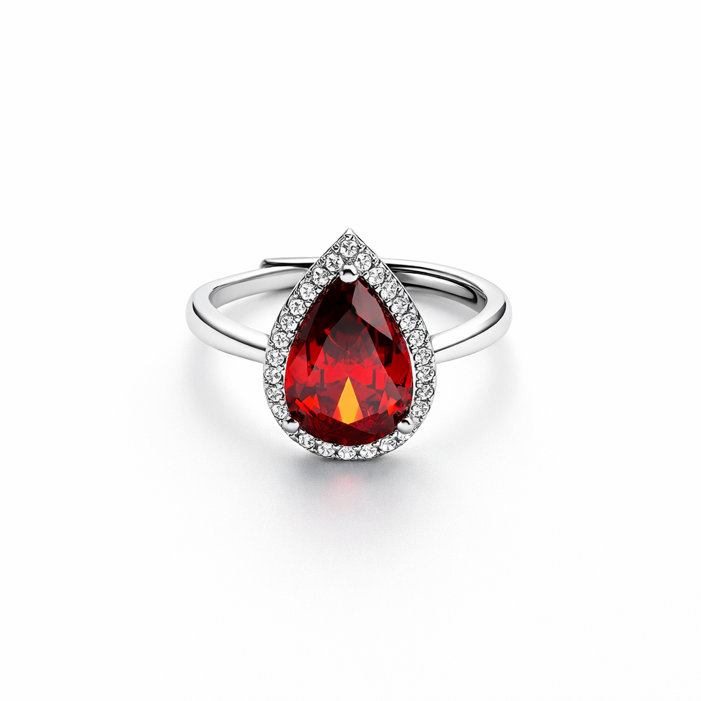 Red Ruby Cubic Zirconia Ice Cut American Diamond Silver Plated Adjustable Ring