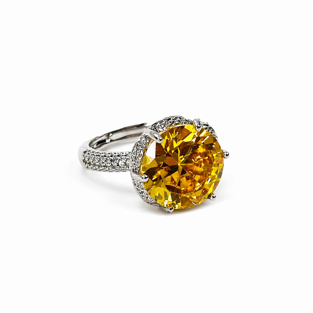 Yellow Topaz Cubic Zirconia Ice Cut American Diamond Silver Plated Adjustable Ring