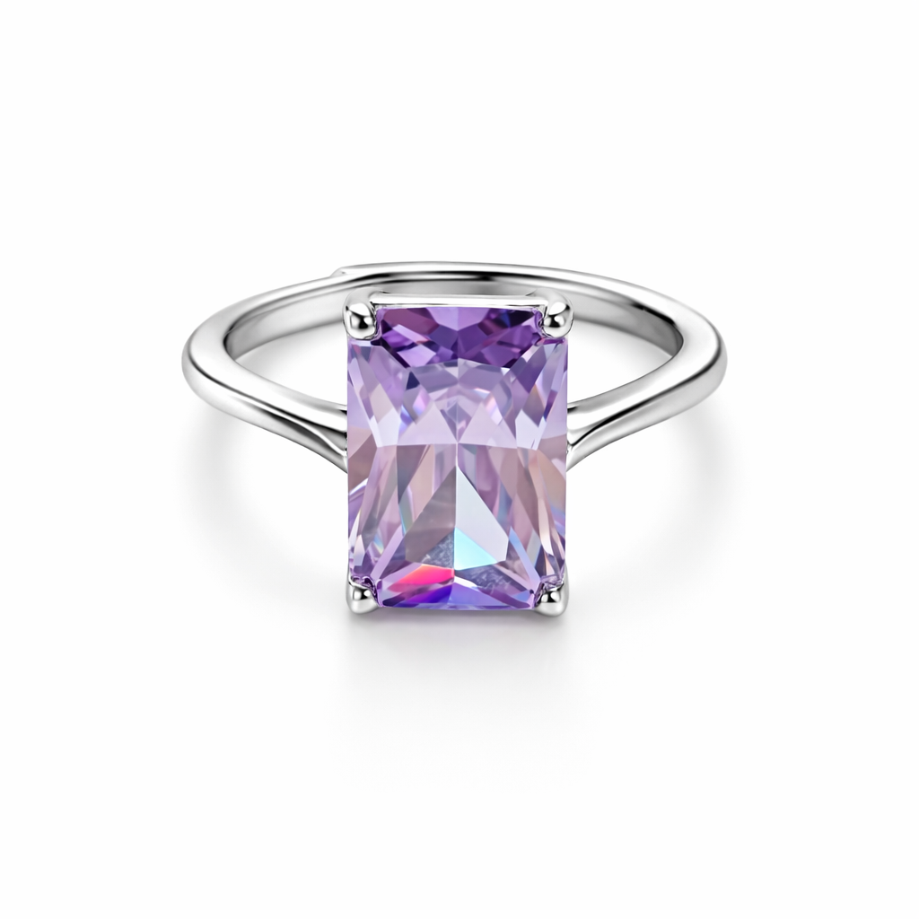 Light Purple Amethyst Cubic Zirconia Ice Cut American Diamond Silver Plated Adjustable Ring