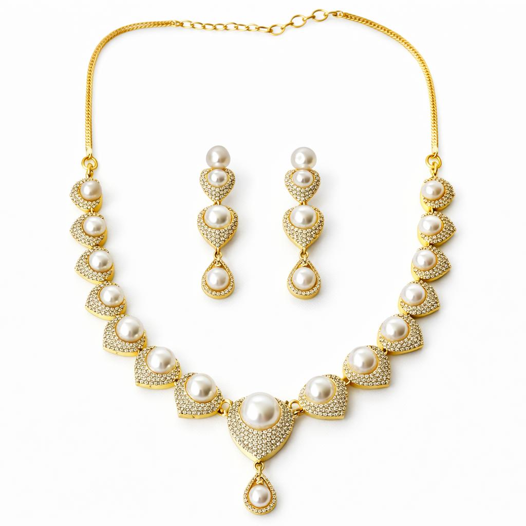 Solitaire Cubic Zirconia American Diamond Gold/Silver Plated Pearl Studded Necklace Set