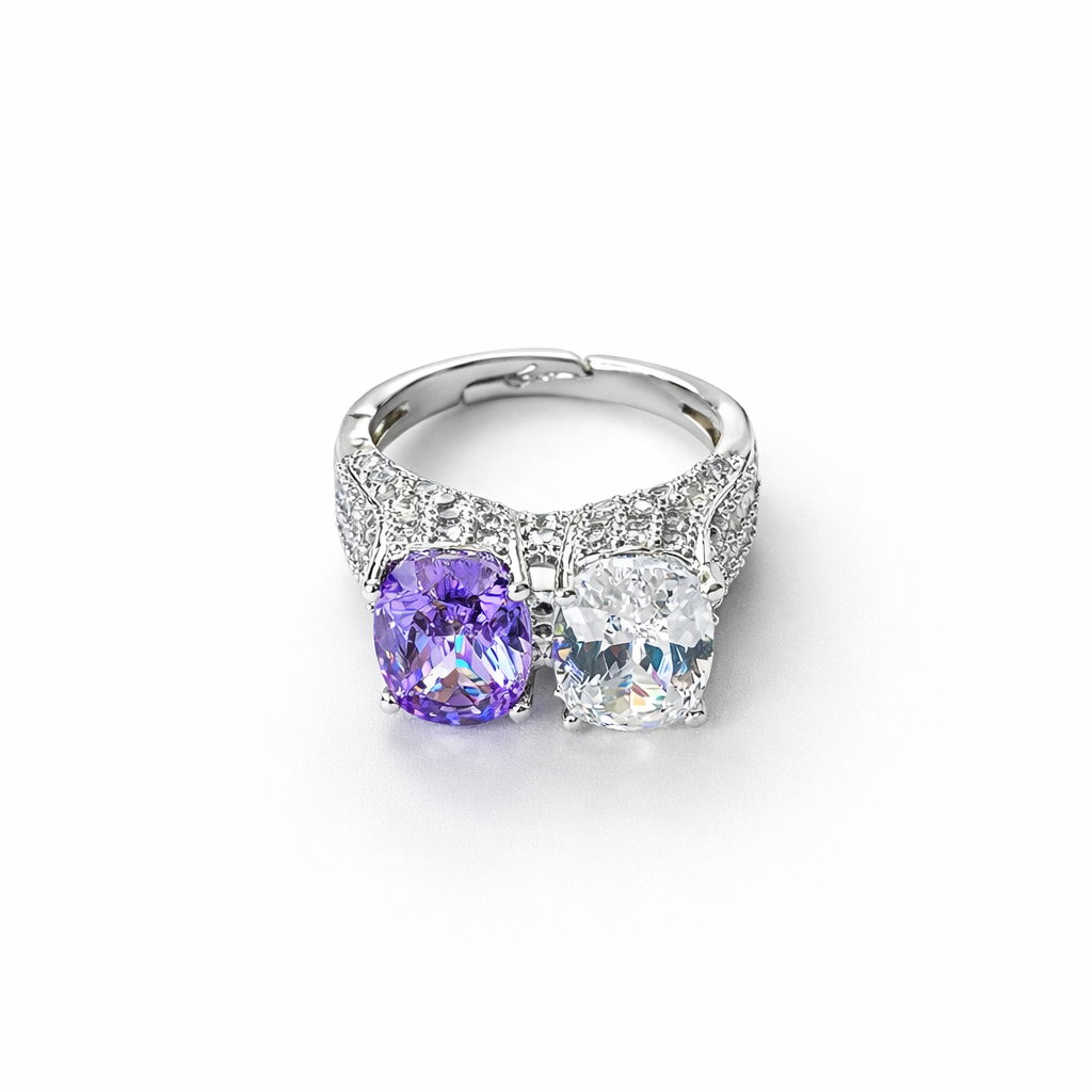 Light Purple Amethyst & Solitaire Cubic Zirconia Ice Cut American Diamond Silver Plated Adjustable Ring
