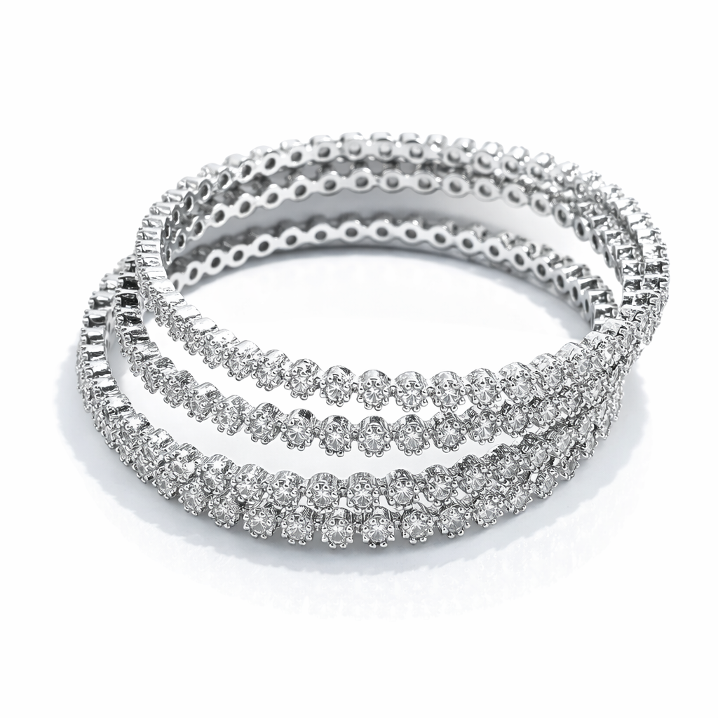 Solitaire Cubic Zirconia American Diamond Silver Plated Bangles, Set of 4