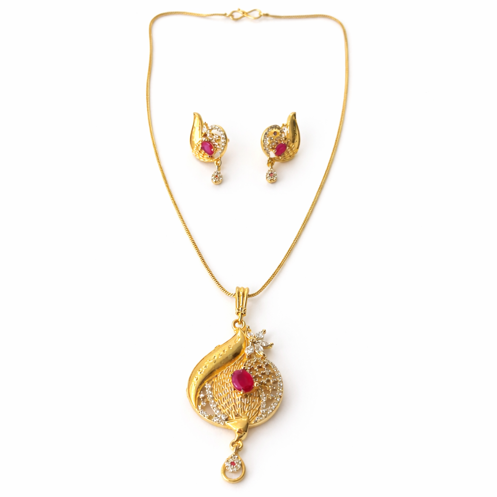 Red Ruby & Solitaire Cubic Zirconia American Diamond 1 Micron Gold Plated Pendant Set