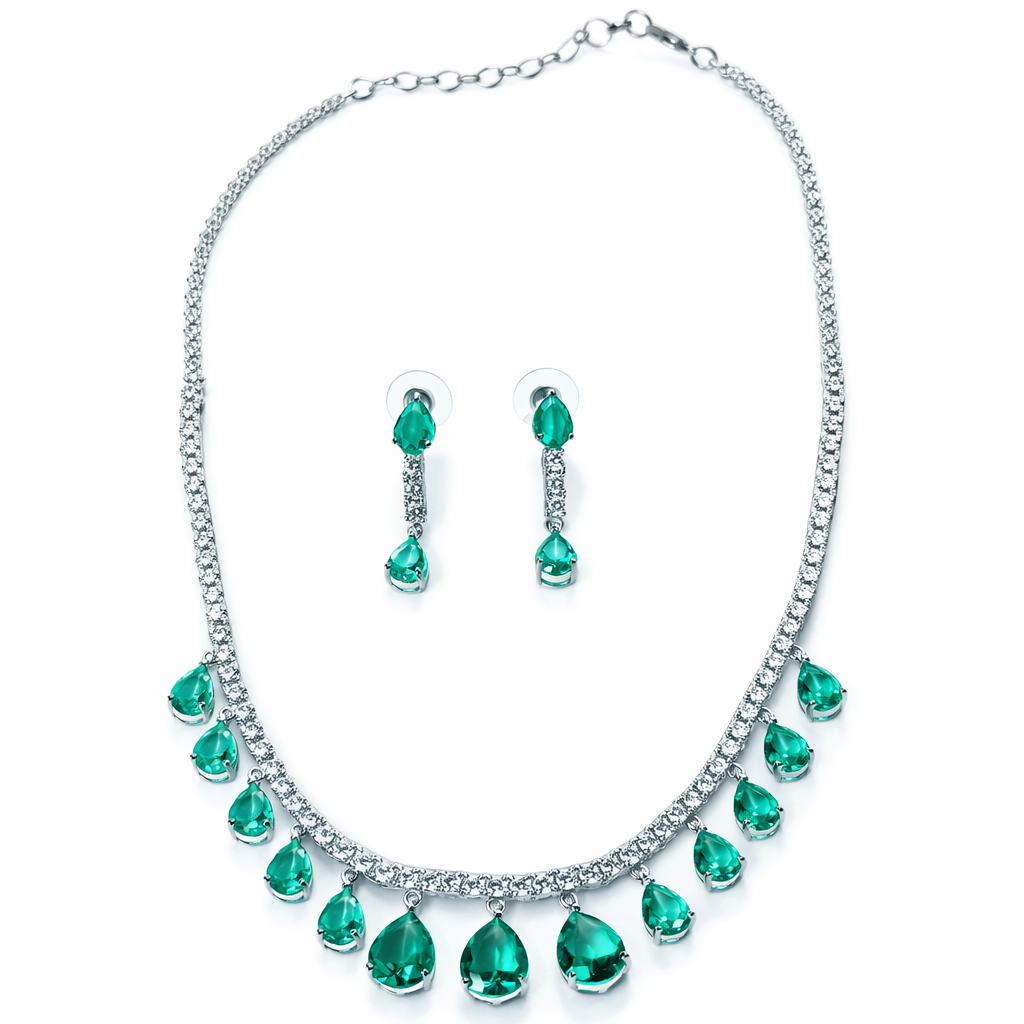 Sea Green Topaz Cubic Zirconia American Diamond Silver Plated Necklace Set