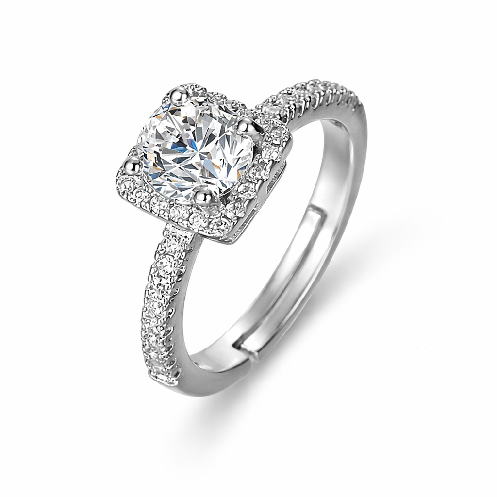 Solitaire Cubic Zirconia American Diamond Silver Plated Adjustable Ring