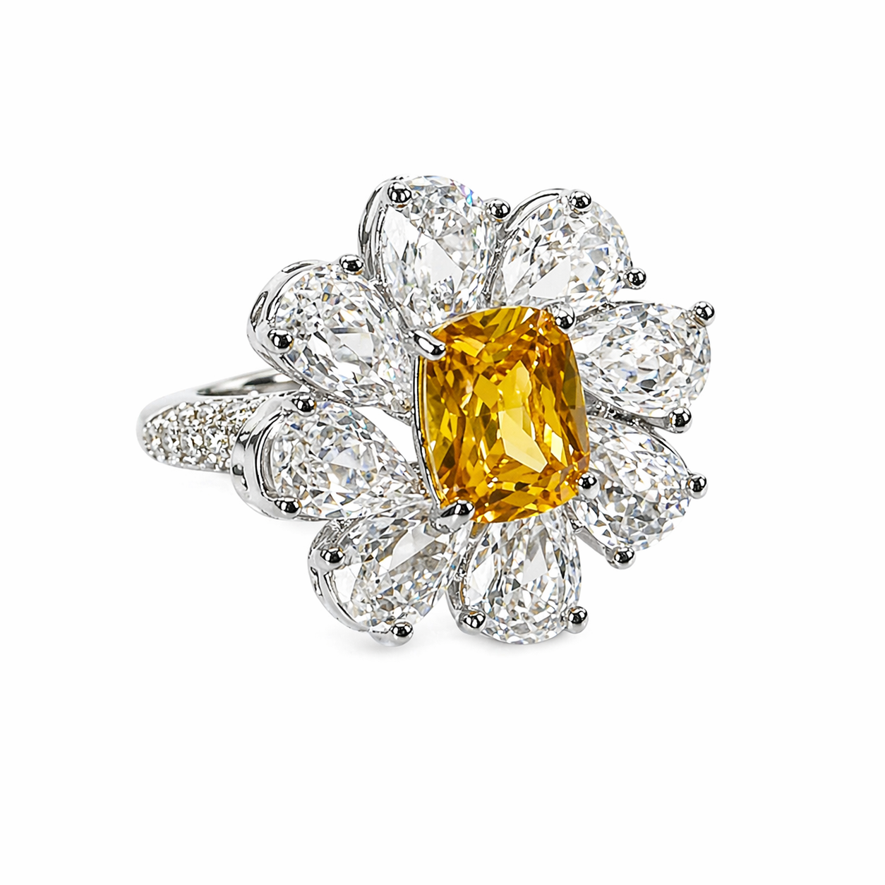 Yellow Topaz Cubic Zirconia Ice Cut American Diamond Silver Plated Adjustable Ring