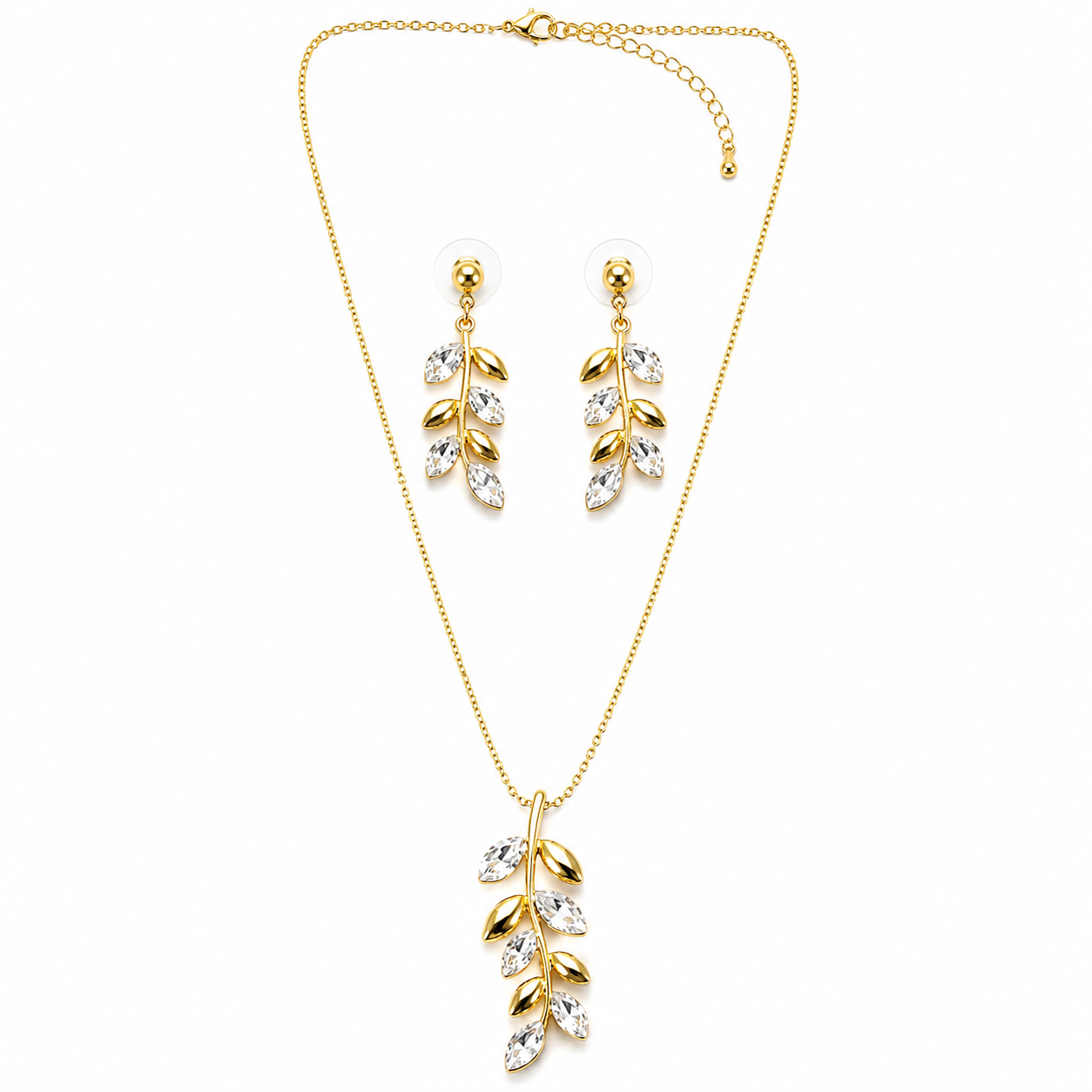 Solitaire Cubic Zirconia Leaf DesignAmerican Diamond Gold Plated Pendant Set