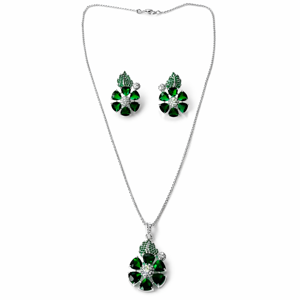 Green Emerald Cubic Zirconia American Diamond Silver Plated Pendant Set