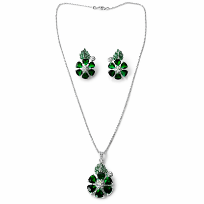 Green Emerald Cubic Zirconia American Diamond Silver Plated Pendant Set