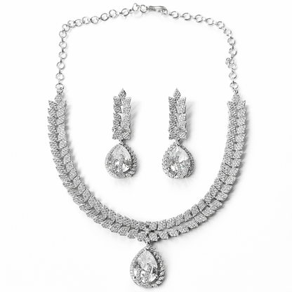 Solitaire Cubic Zirconia American Diamond Silver Plated Necklace Set