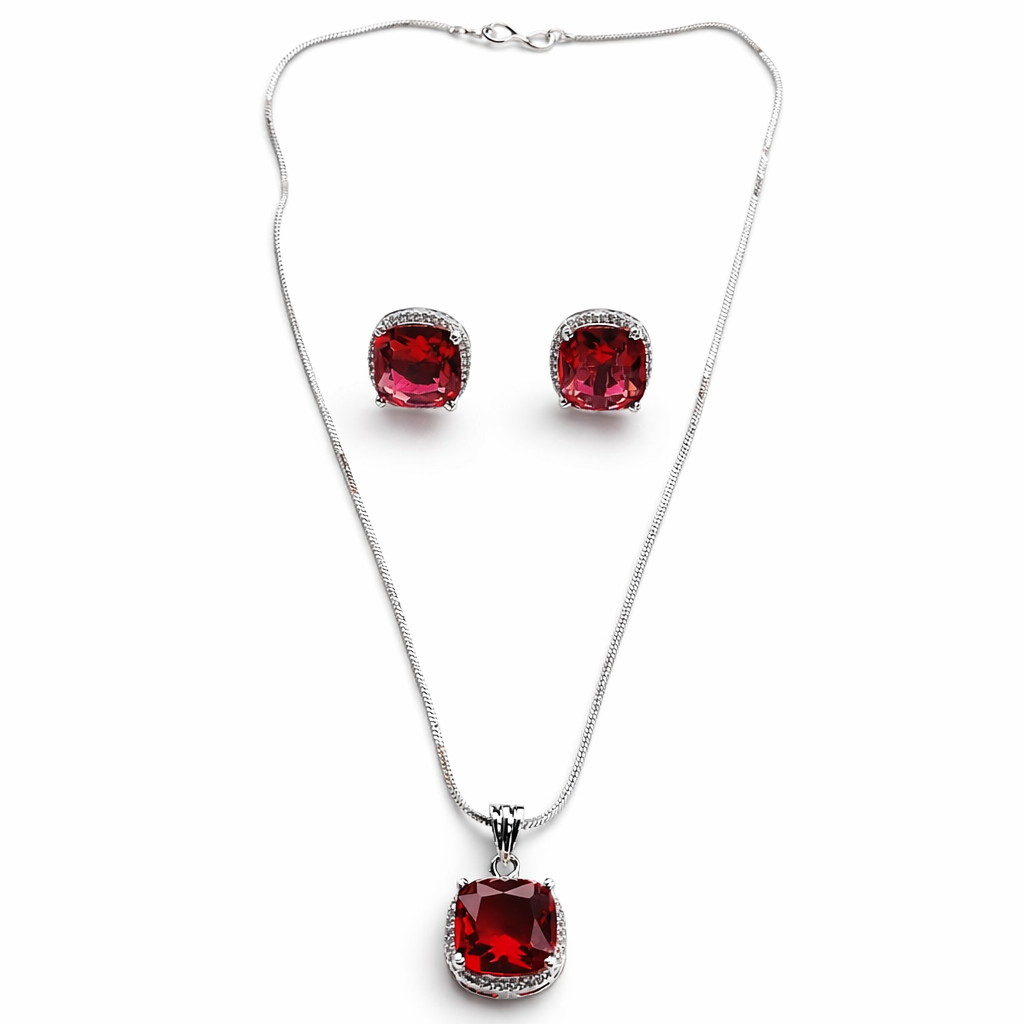 Red Ruby Cubic Zirconia American Diamond Silver Plated Pendant Set