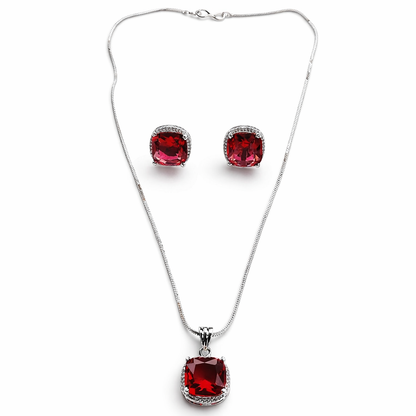 Red Ruby Cubic Zirconia American Diamond Silver Plated Pendant Set
