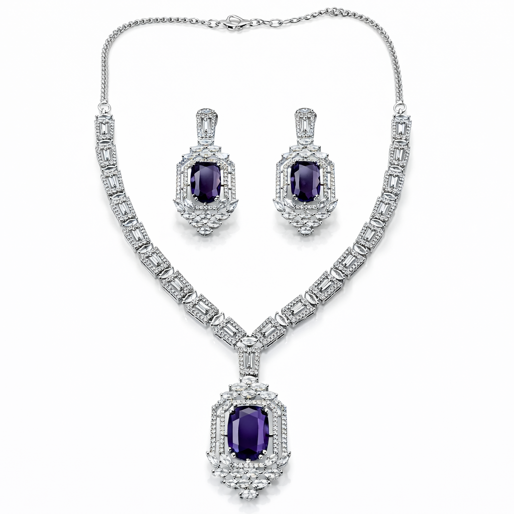 Purple Amethyst Cubic Zirconia American Diamond Silver Plated Necklace Set