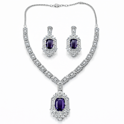 Purple Amethyst Cubic Zirconia American Diamond Silver Plated Necklace Set