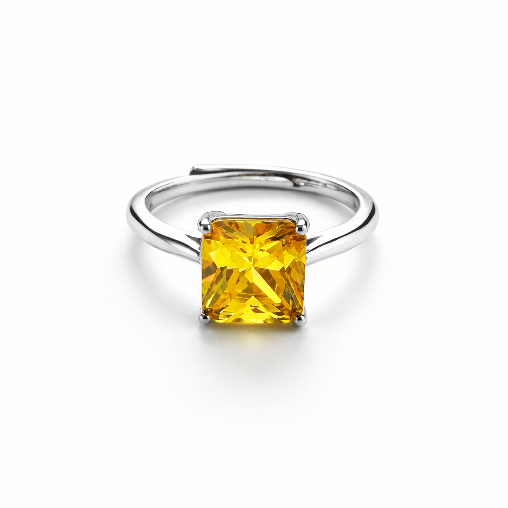 Yellow Topaz Cubic Zirconia Ice Cut American Diamond Silver Plated Adjustable Ring