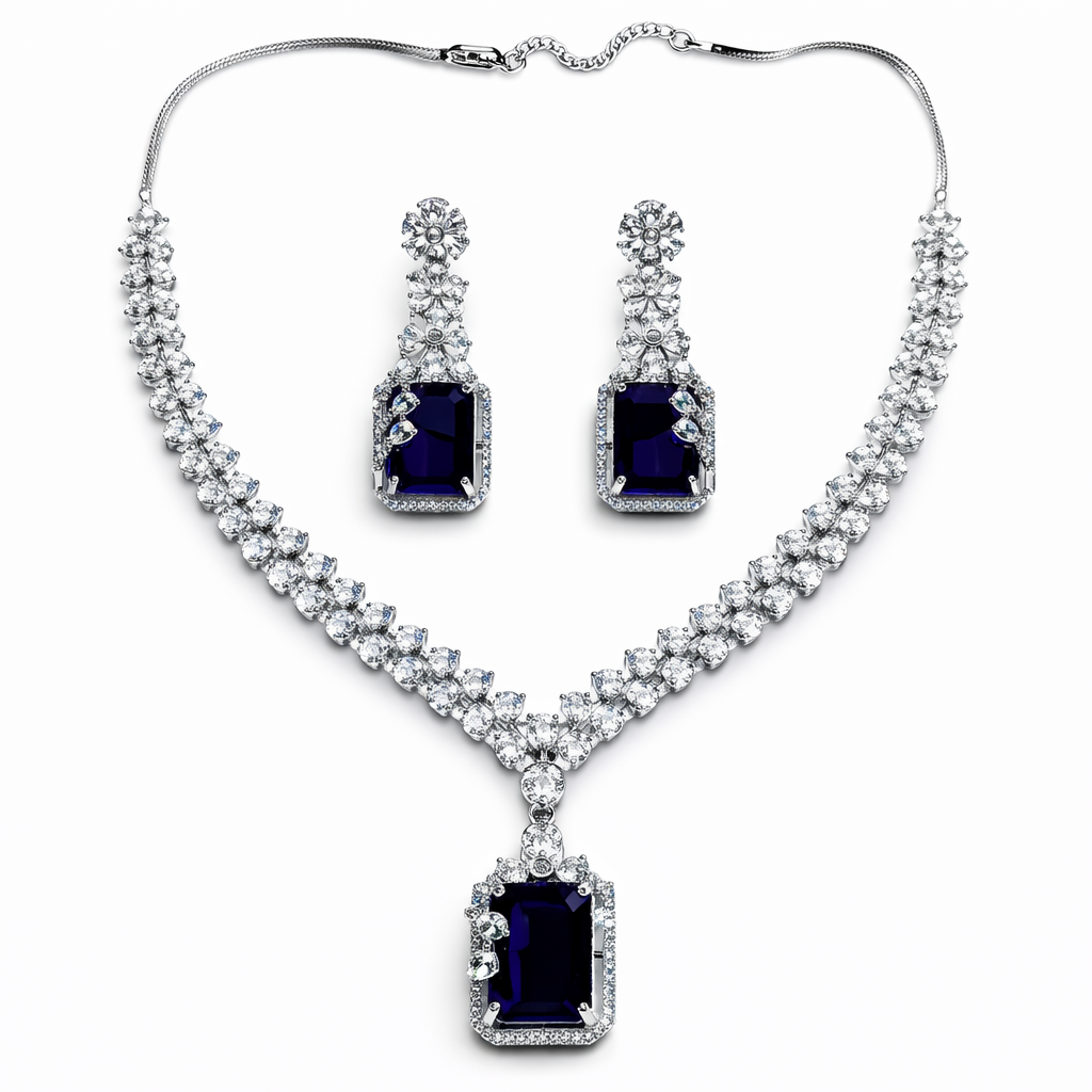 Blue Sapphire Cubic Zirconia American Diamond Silver Plated Necklace Set