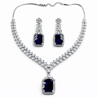 Blue Sapphire Cubic Zirconia American Diamond Silver Plated Necklace Set