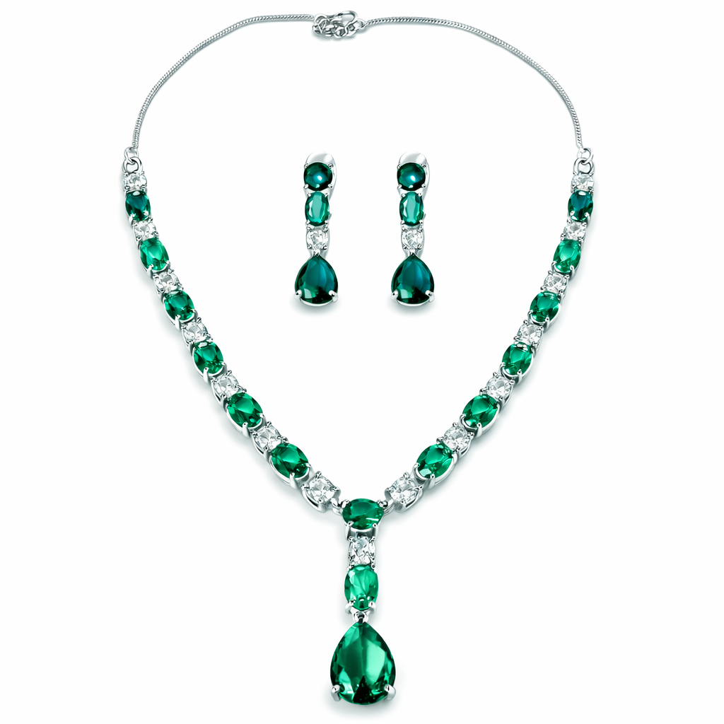 Sea Green Topaz Cubic Zirconia American Diamond Silver Plated Necklace Set
