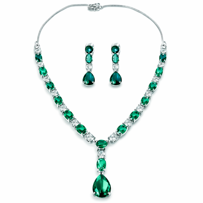 Sea Green Topaz Cubic Zirconia American Diamond Silver Plated Necklace Set