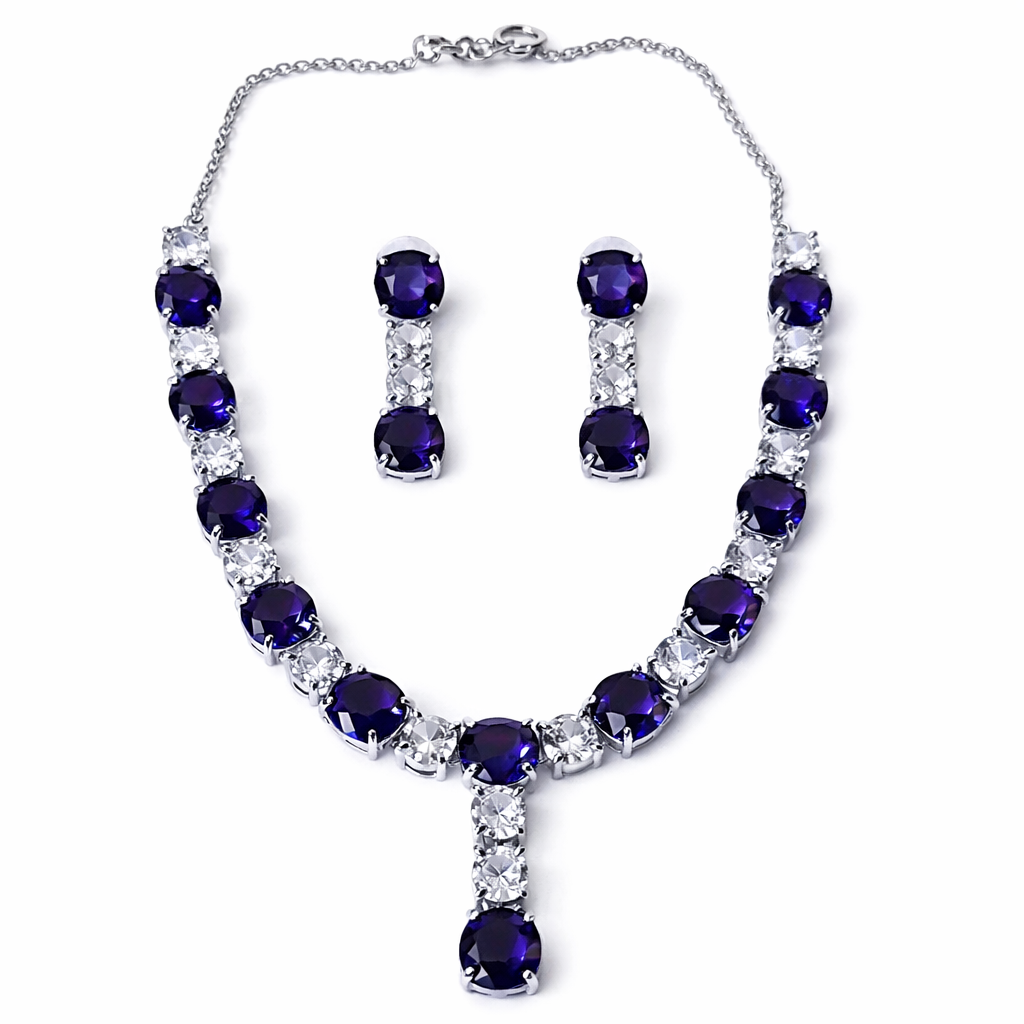 Purple Amethyst Cubic Zirconia American Diamond Silver Plated Necklace Set