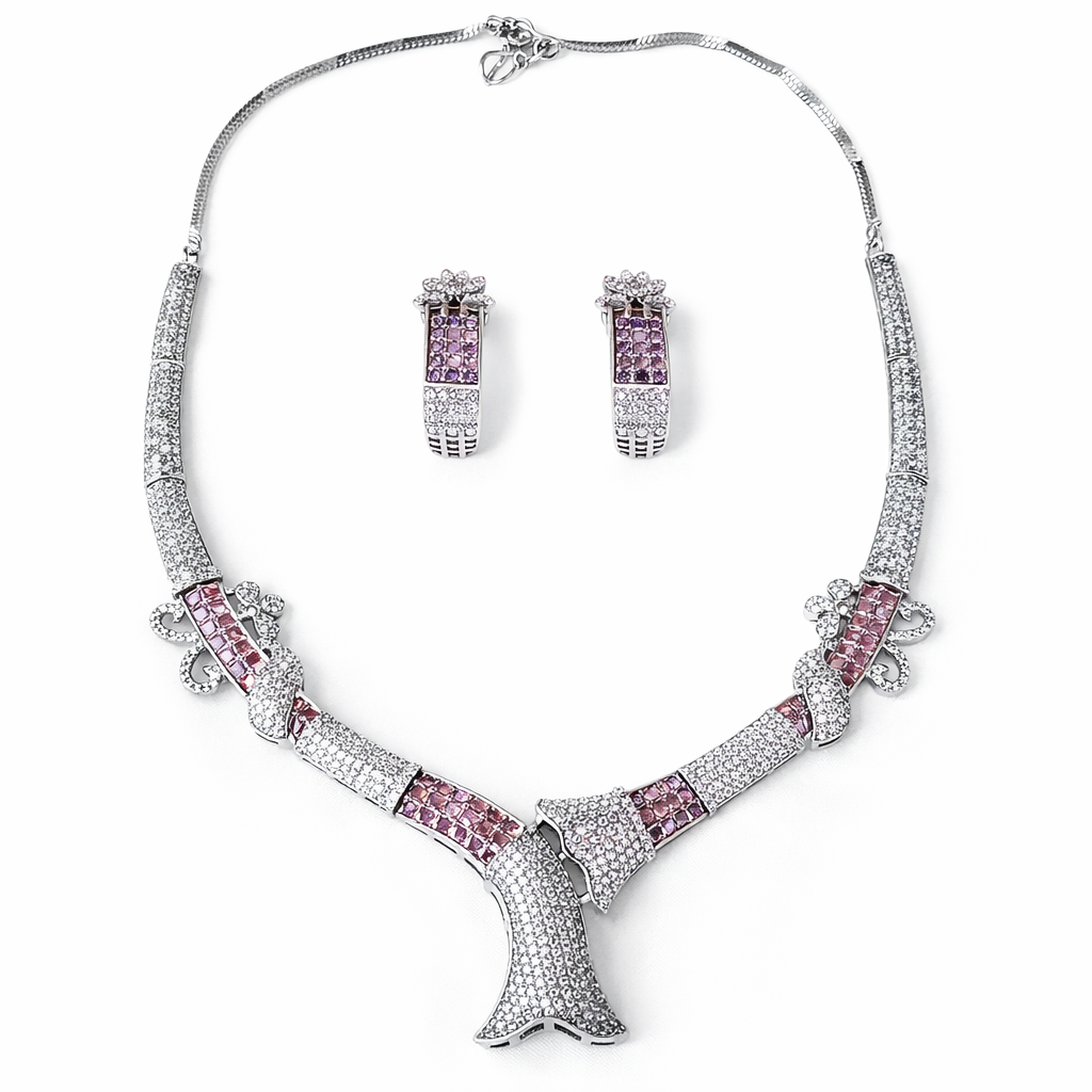 Pink Topaz Cubic Zirconia American Diamond Silver Plated Necklace Set