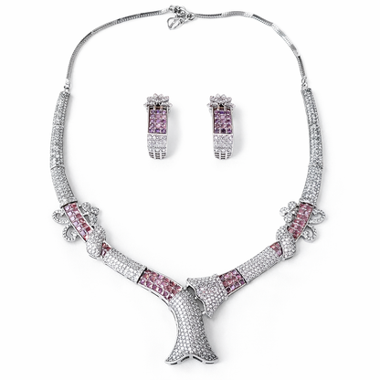 Pink Topaz Cubic Zirconia American Diamond Silver Plated Necklace Set