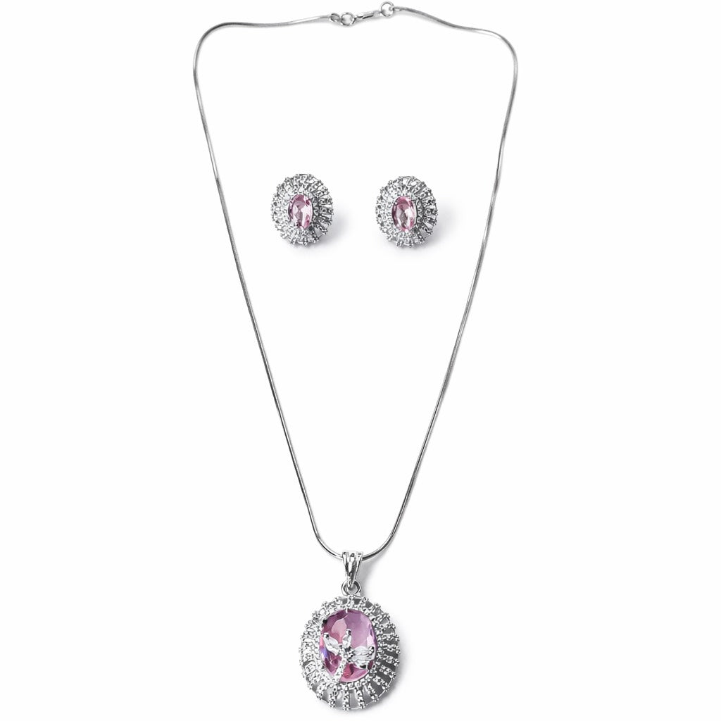 Pink Topaz Cubic Zirconia American Diamond Silver Plated Pendant Set