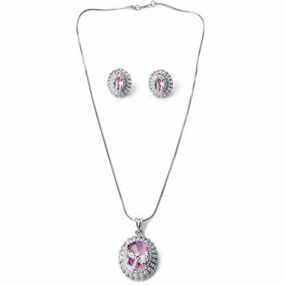 Pink Topaz Cubic Zirconia American Diamond Silver Plated Pendant Set