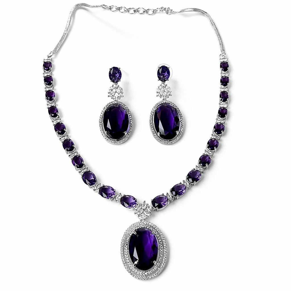 Purple Amethyst Cubic Zirconia American Diamond Silver Plated Necklace Set