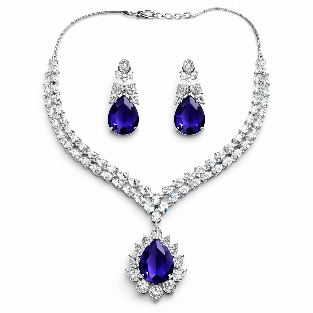 Purple Amethyst Cubic Zirconia American Diamond Silver Plated Necklace Set