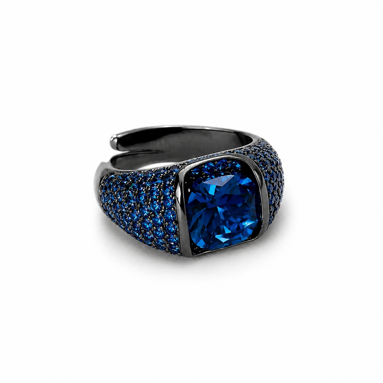 Blue Sapphire Cubic Zirconia Ice Cut American Diamond Victorian Plated Adjustable Ring