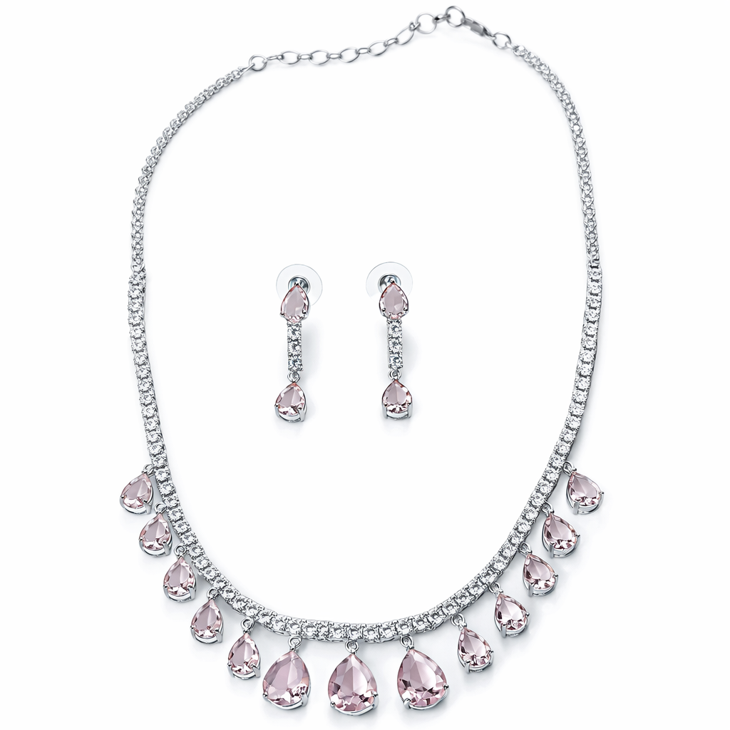 Pink Topaz Cubic Zirconia American Diamond Silver Plated Necklace Set