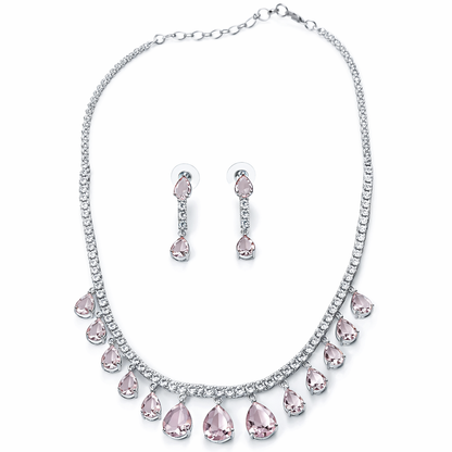 Pink Topaz Cubic Zirconia American Diamond Silver Plated Necklace Set