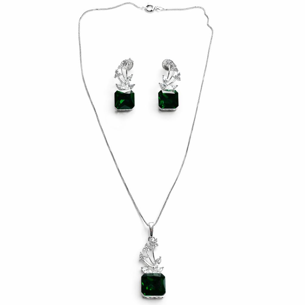 Green Emerald Swarovski Crystal American Diamond Silver Plated Pendant Set