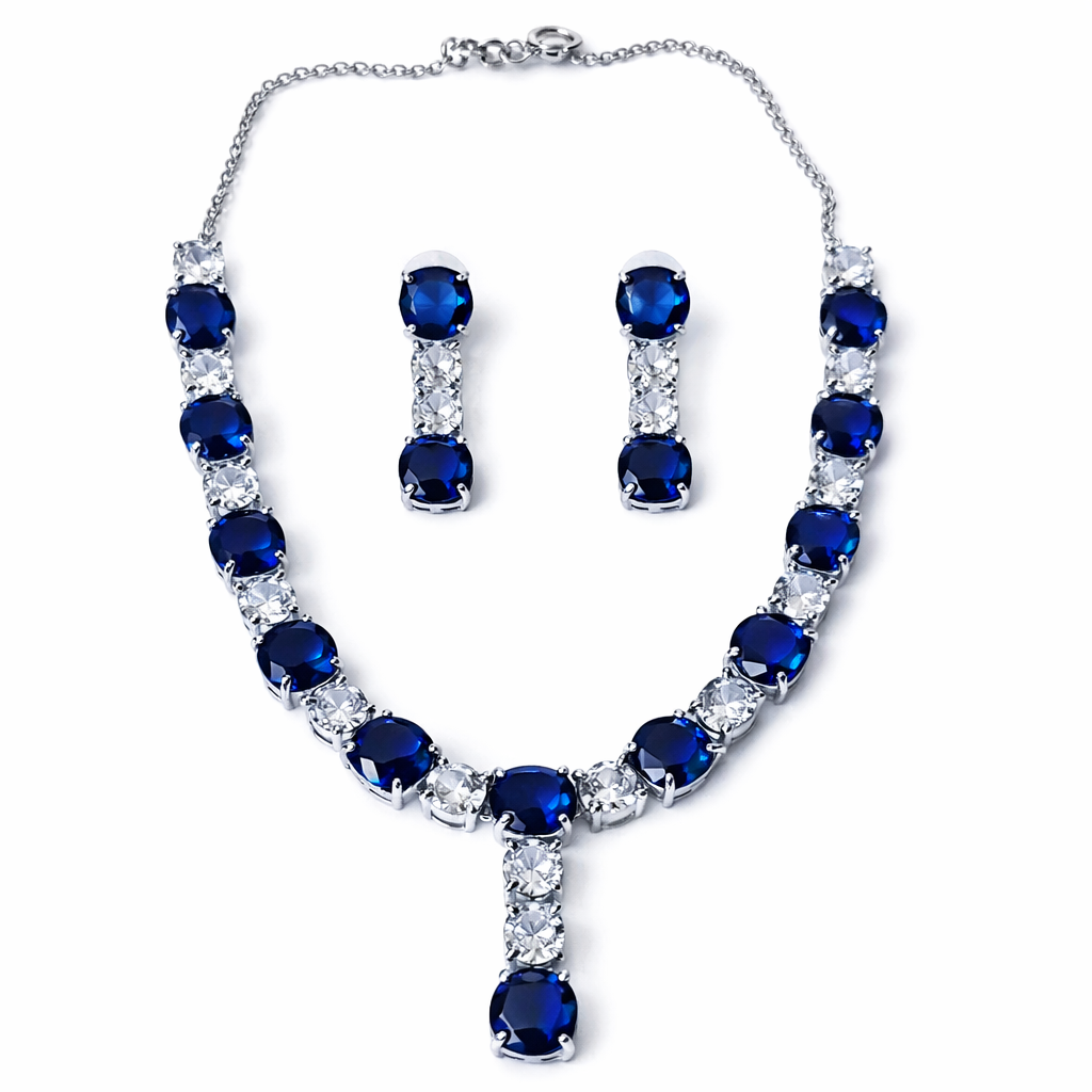 Blue Sapphire Cubic Zirconia American Diamond Silver Plated Necklace Set